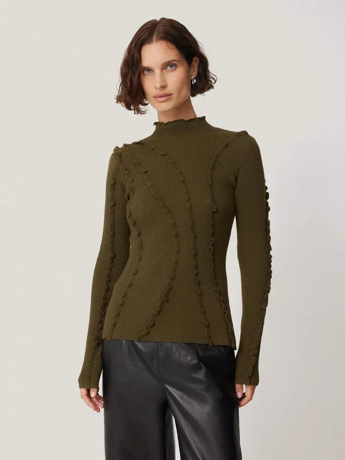 Women Ruffle Detail Jumper Khaki Jigsaw Knitwear and Cashmere