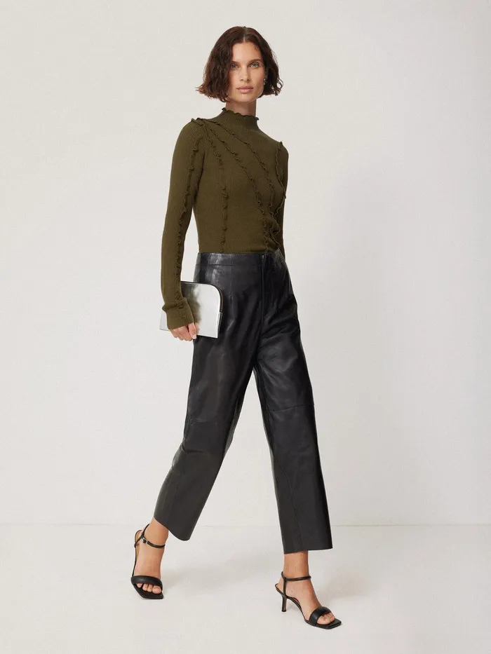 Women Ruffle Detail Jumper Khaki Jigsaw Knitwear and Cashmere