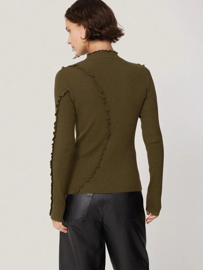 Women Ruffle Detail Jumper Khaki Jigsaw Knitwear and Cashmere