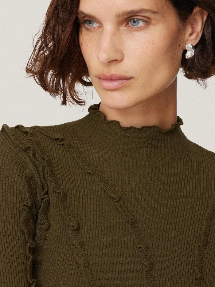 Women Ruffle Detail Jumper Khaki Jigsaw Knitwear and Cashmere
