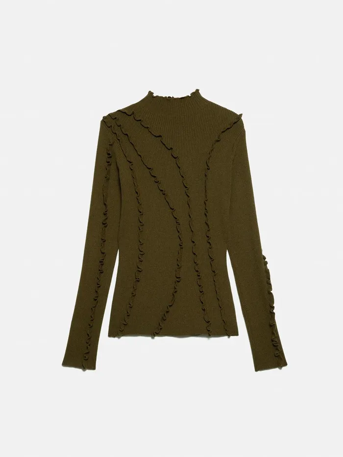 Women Ruffle Detail Jumper Khaki Jigsaw Knitwear and Cashmere