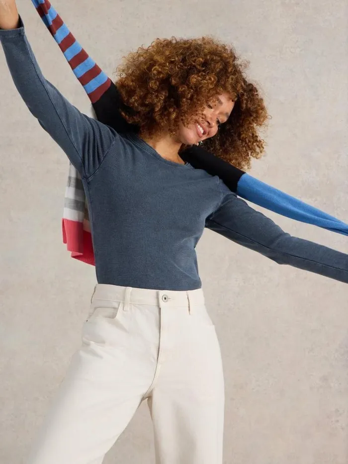 Women SADIE LONG SLEEVE RIB TEE Mid Blue White Stuff Tops and Tees