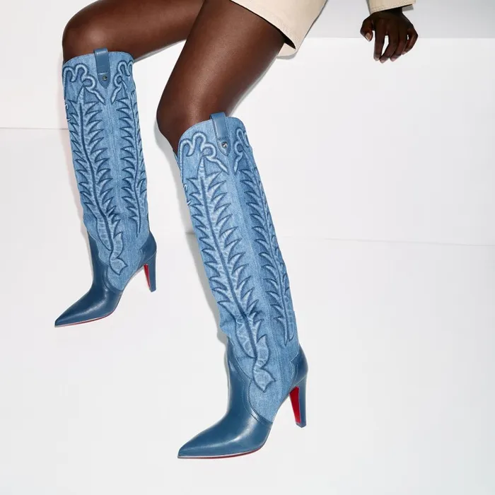 Women Santia Botta 85 Mm Boots 8211 Nappa Leather And Denim 8211 Denim Christian Louboutin Boots Women Santia Botta 85 Mm Boots 8211 Nappa Leather And Denim 8211 Denim Christian Louboutin Boots