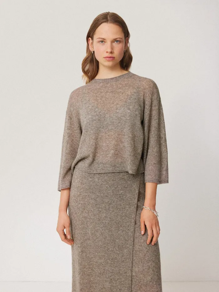 Women Soft Gauzy Knit Tshirt Taupe Jigsaw Knitwear and Cashmere
