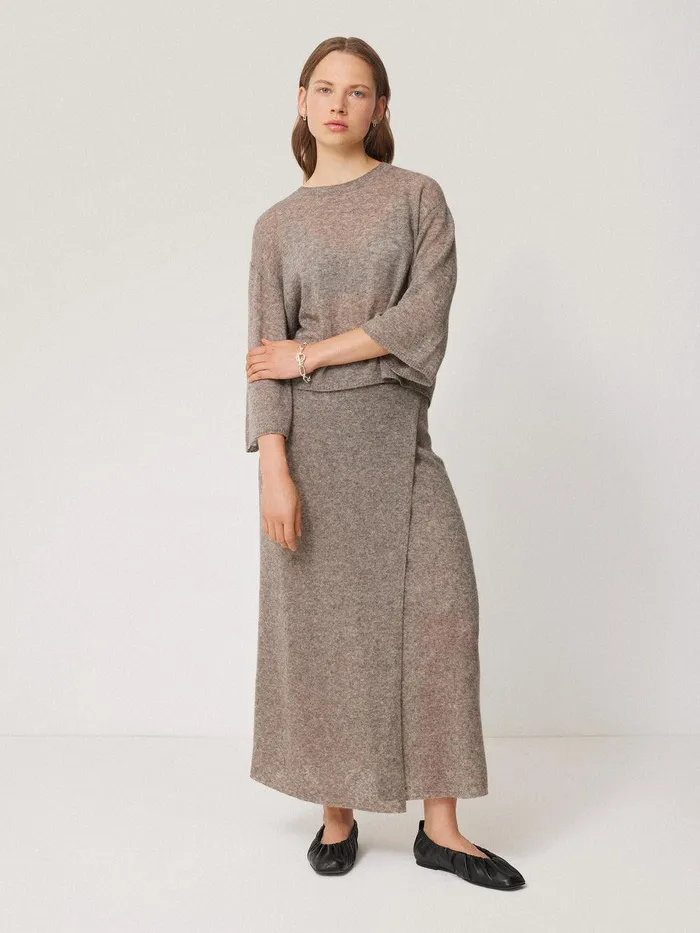 Women Soft Gauzy Knit Tshirt Taupe Jigsaw Knitwear and Cashmere