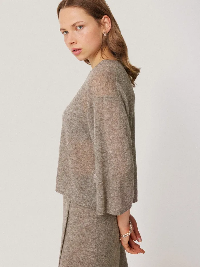 Women Soft Gauzy Knit Tshirt Taupe Jigsaw Knitwear and Cashmere