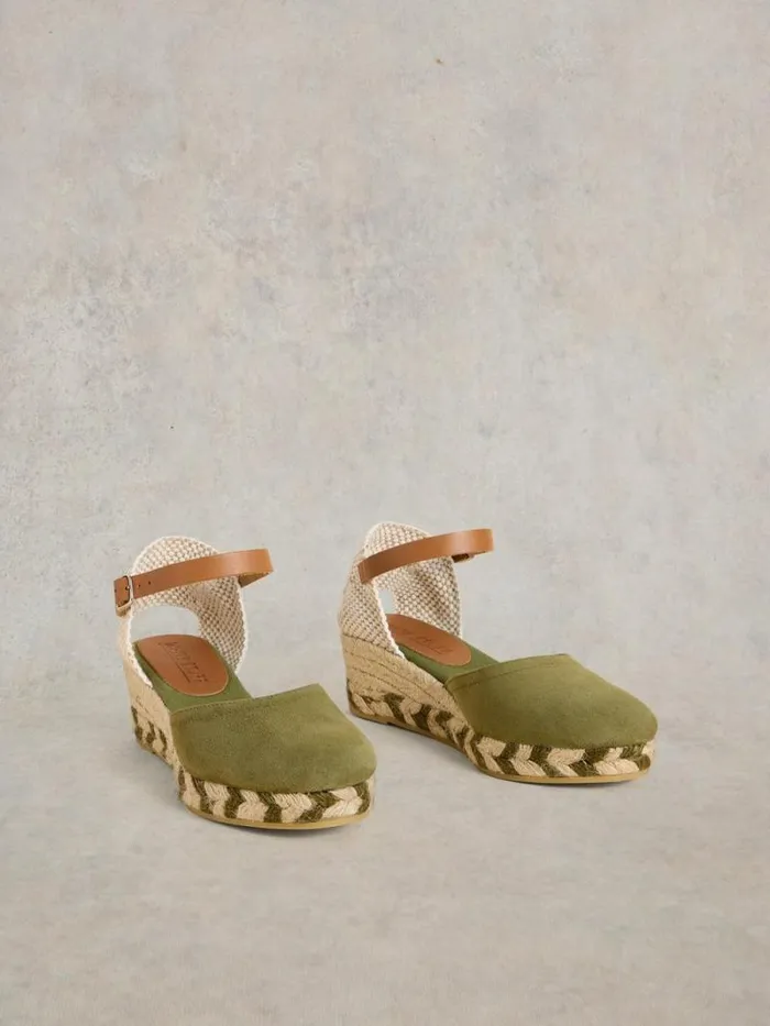 Women Suede Closed Espadrille Wedge Khaki Green White Stuff Heels