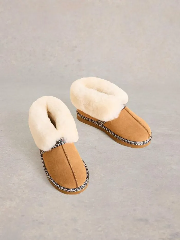 Women Suede Shearling Slipper Boot Tan Multi White Stuff Nightwear