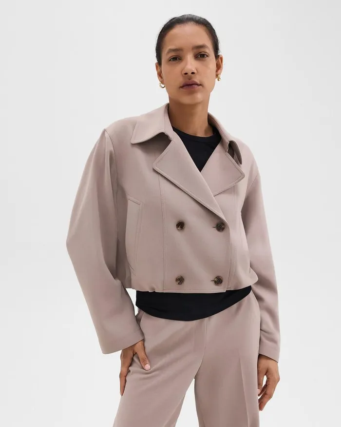 Women Theory Outerwear DoubleBreasted Crop Trench In Admiral Crepe Cinder