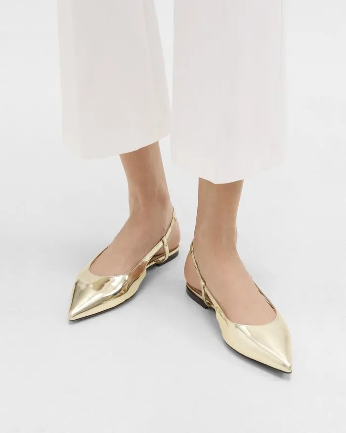 Women Theory Shoes Slingback Flat In Metallic Leather Light Gold