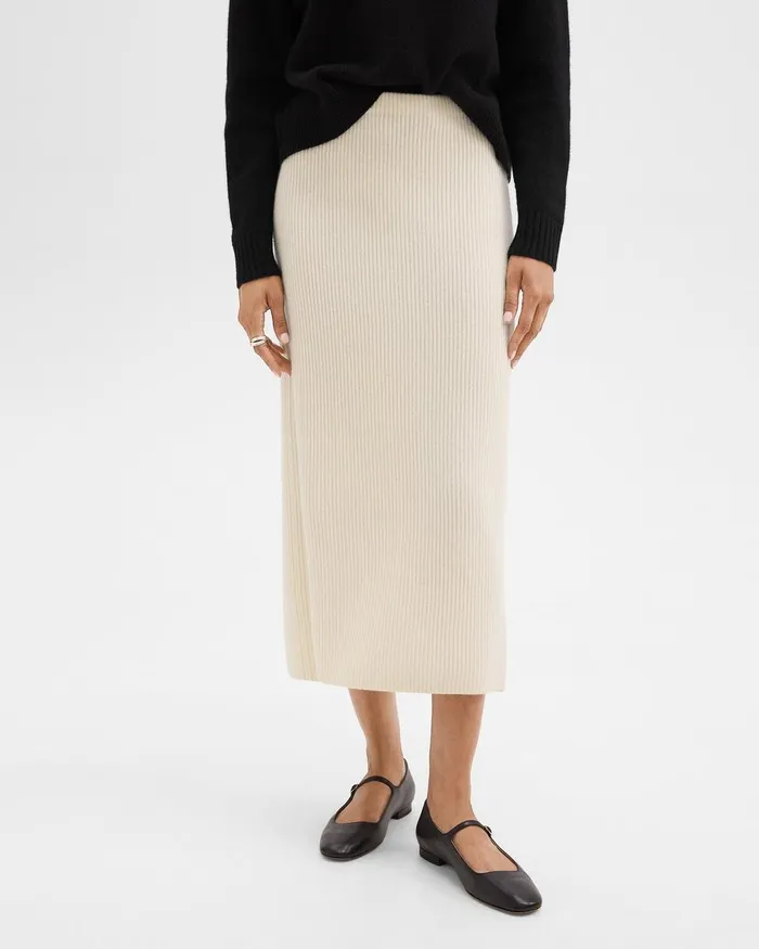 Women Theory Skirts Midi PullOn Skirt In Felted WoolCashmere Ivory