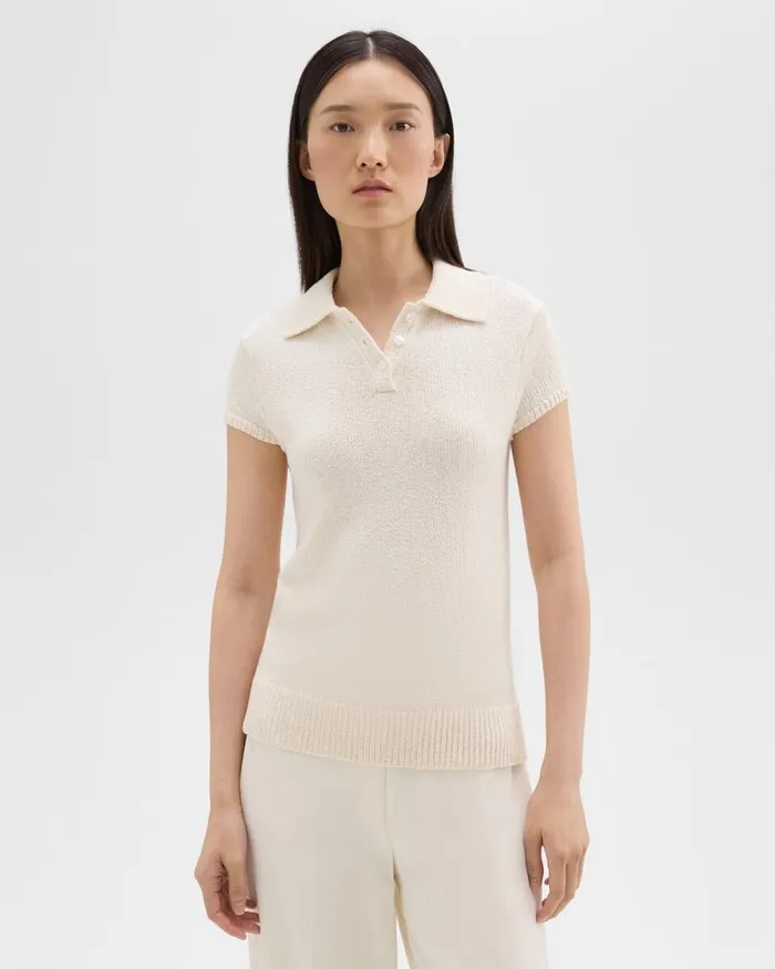 Women Theory Sweaters Cardigans Cap Sleeve Polo In CottonWool Boucleacute Off White