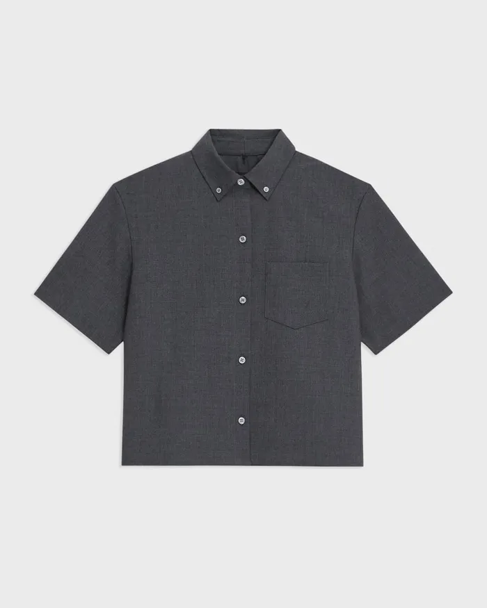 Women Theory Tops Cropped ShortSleeve Shirt In Good Wool Charcoal Melange