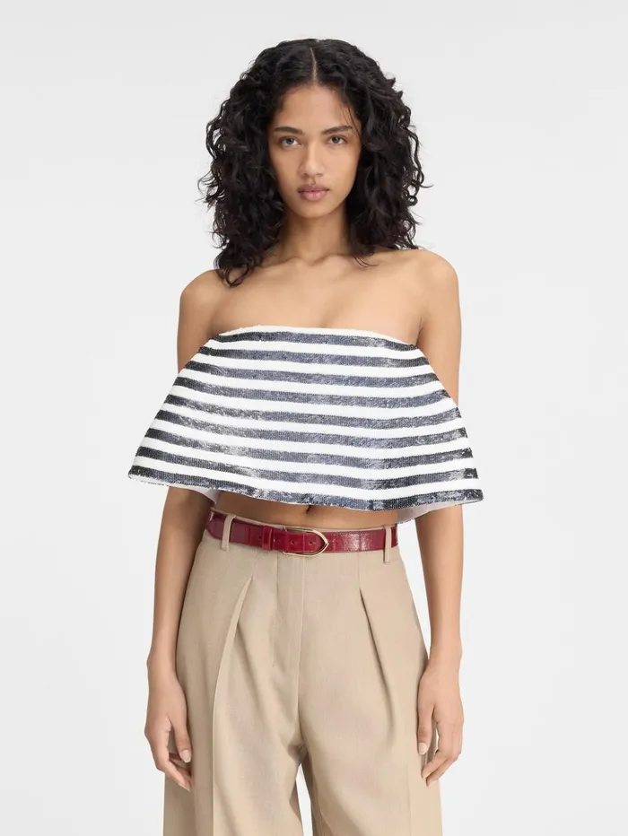 Women Tops and Shirts JACQUEMUS The Spezia Top Embroidered Sequins Stripes Navy White Women Tops and Shirts JACQUEMUS The Spezia Top Embroidered Sequins Stripes Navy White
