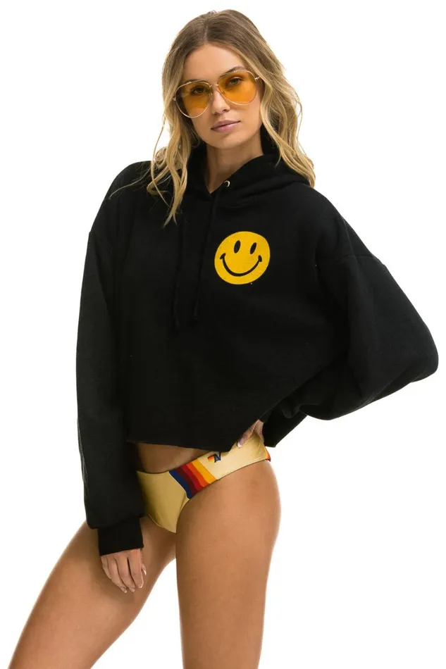 Women Tops Aviator Nation SMILEY 2 RELAXED CROPPED PULLOVER HOODIE 8211 BLACK Women Tops Aviator Nation SMILEY 2 RELAXED CROPPED PULLOVER HOODIE 8211 BLACK