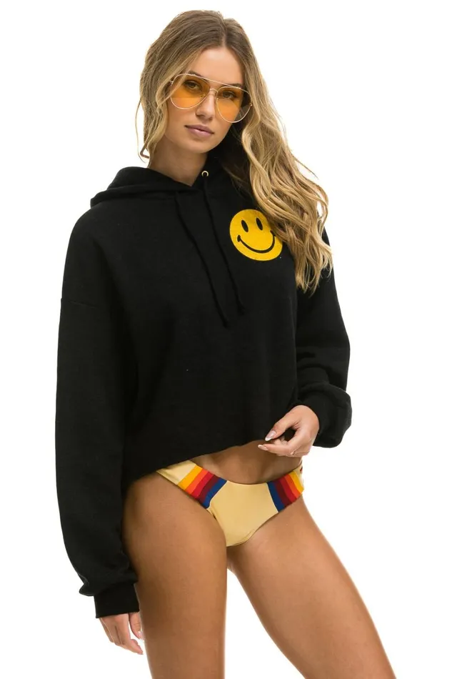 Women Tops Aviator Nation SMILEY 2 RELAXED CROPPED PULLOVER HOODIE 8211 BLACK Women Tops Aviator Nation SMILEY 2 RELAXED CROPPED PULLOVER HOODIE 8211 BLACK