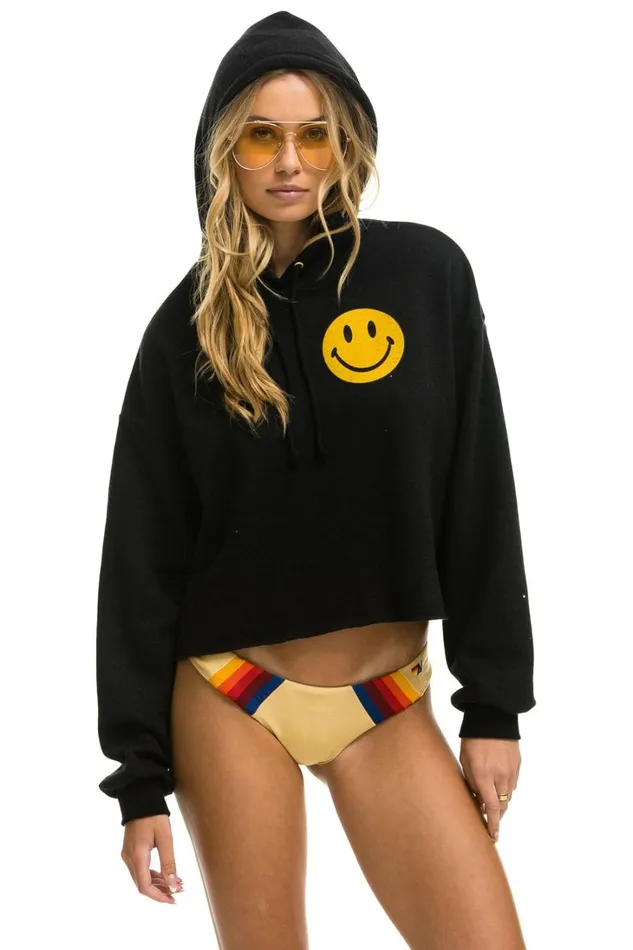 Women Tops Aviator Nation SMILEY 2 RELAXED CROPPED PULLOVER HOODIE 8211 BLACK Women Tops Aviator Nation SMILEY 2 RELAXED CROPPED PULLOVER HOODIE 8211 BLACK