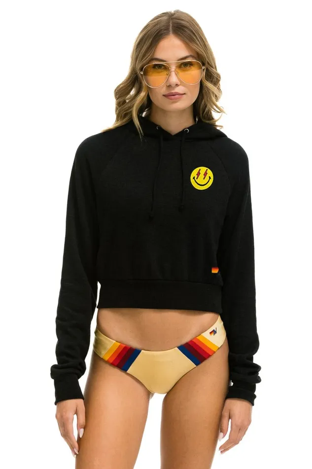 Women Tops Aviator Nation SMILEY BOLT EYES CROPPED HOODIE 8211 BLACK