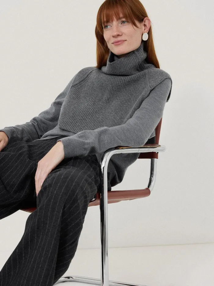 Women Wool Cashmere Roll Neck Bib Grey Jigsaw Knitwear and Cashmere