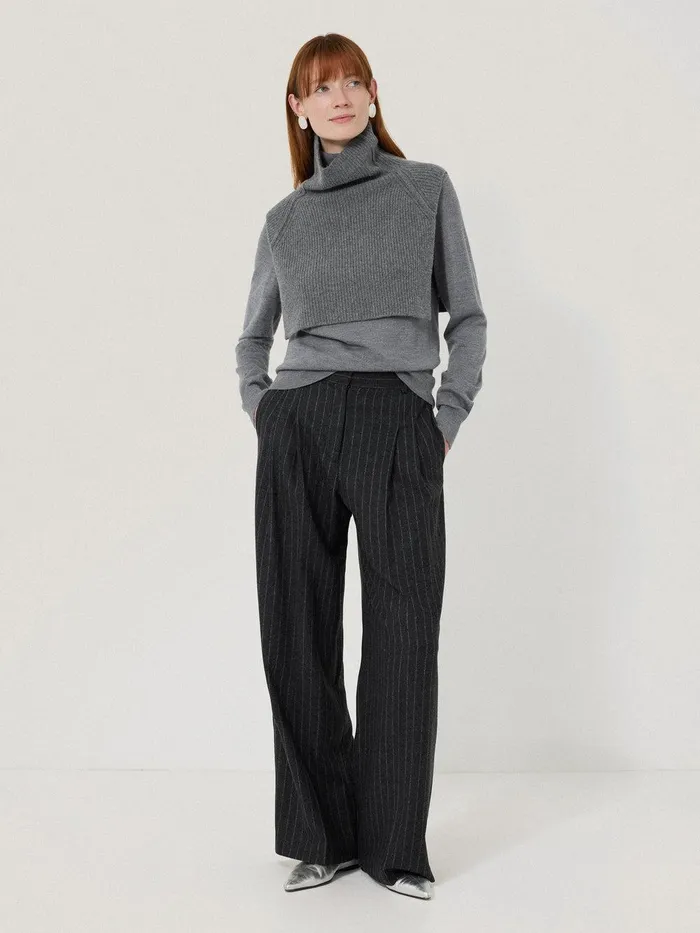 Women Wool Cashmere Roll Neck Bib Grey Jigsaw Knitwear and Cashmere