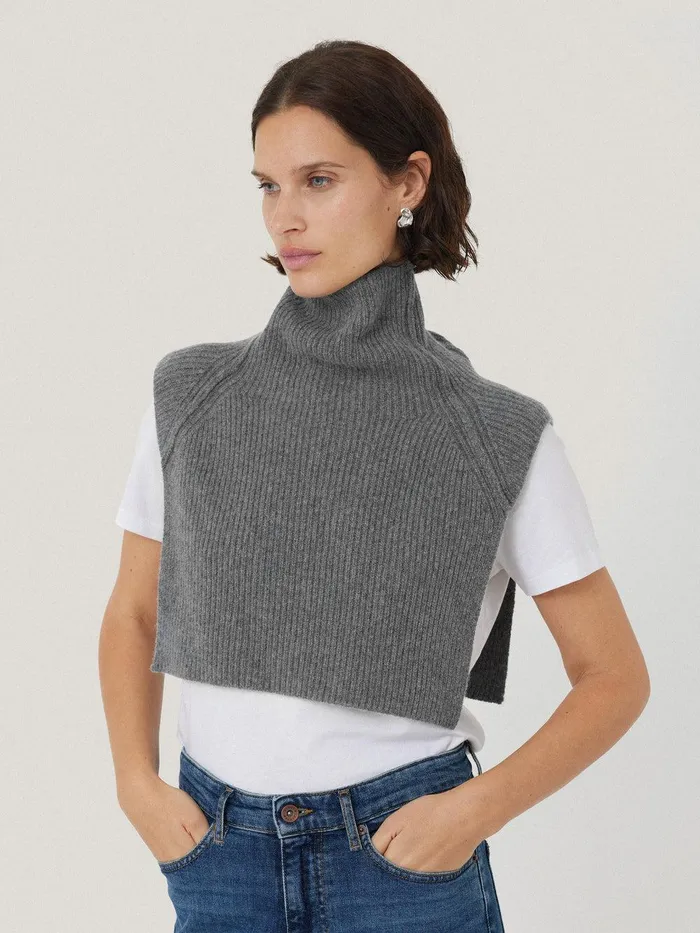 Women Wool Cashmere Roll Neck Bib Grey Jigsaw Knitwear and Cashmere