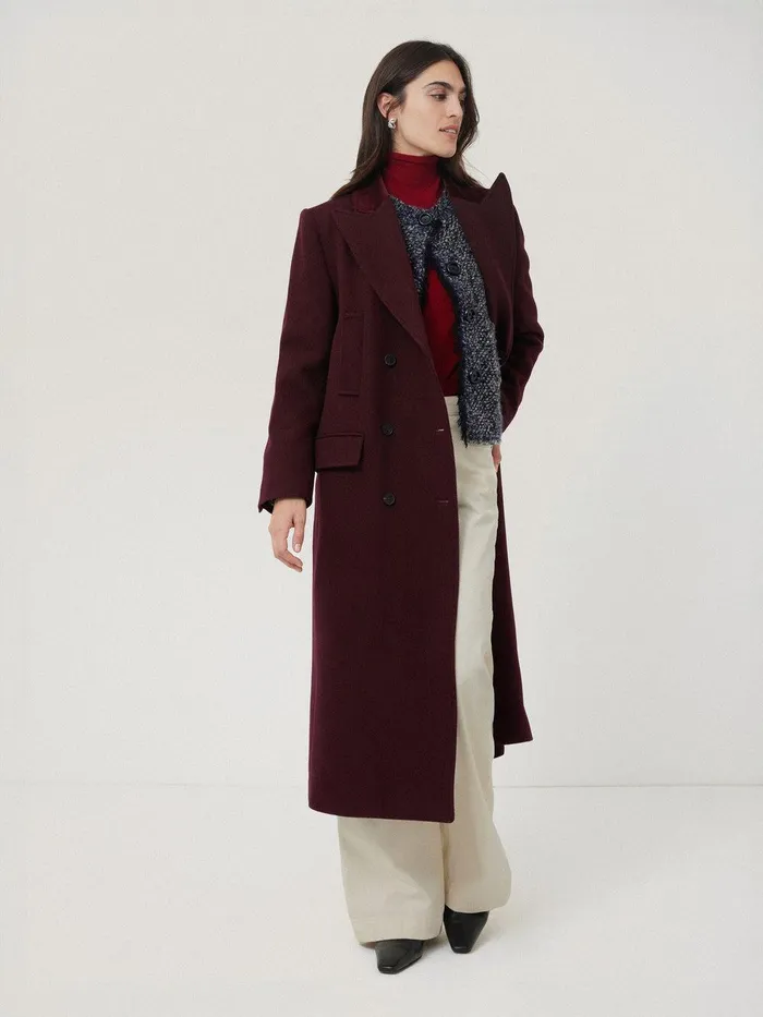 Women Wool Double Breasted Overcoat Burgundy Jigsaw Coats and Jackets