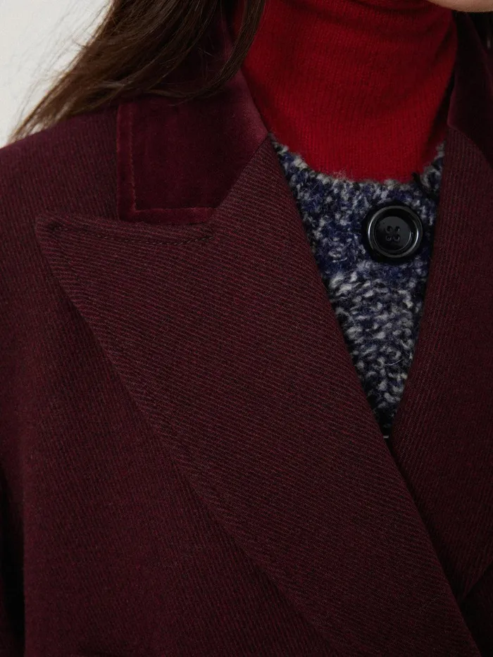 Women Wool Double Breasted Overcoat Burgundy Jigsaw Coats and Jackets