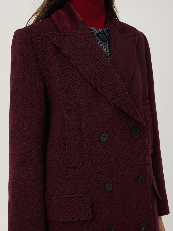 Women Wool Double Breasted Overcoat Burgundy Jigsaw Coats and Jackets