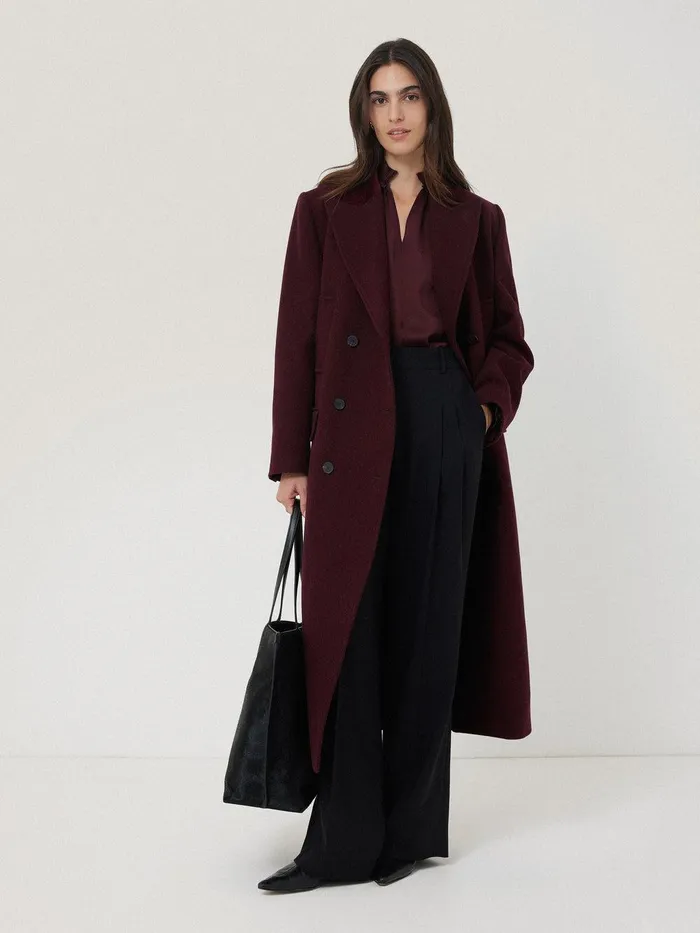 Women Wool Double Breasted Overcoat Burgundy Jigsaw Coats and Jackets