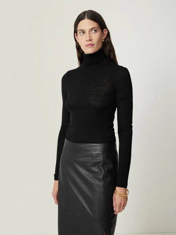 Women Wool Jersey Polo Neck Top Black Jigsaw Knitwear and Cashmere