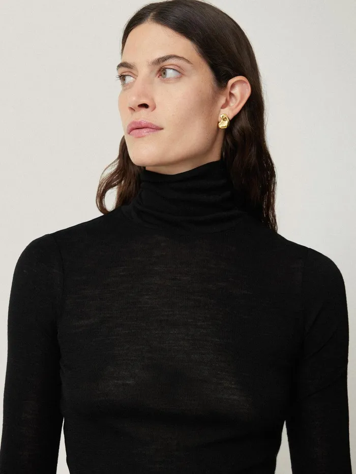 Women Wool Jersey Polo Neck Top Black Jigsaw Knitwear and Cashmere