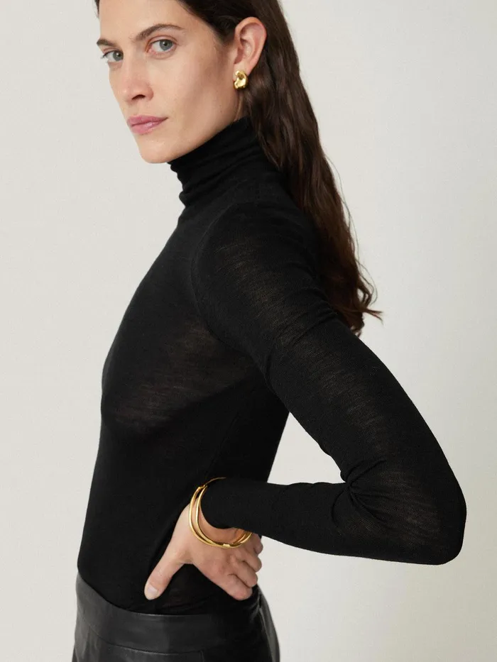 Women Wool Jersey Polo Neck Top Black Jigsaw Knitwear and Cashmere