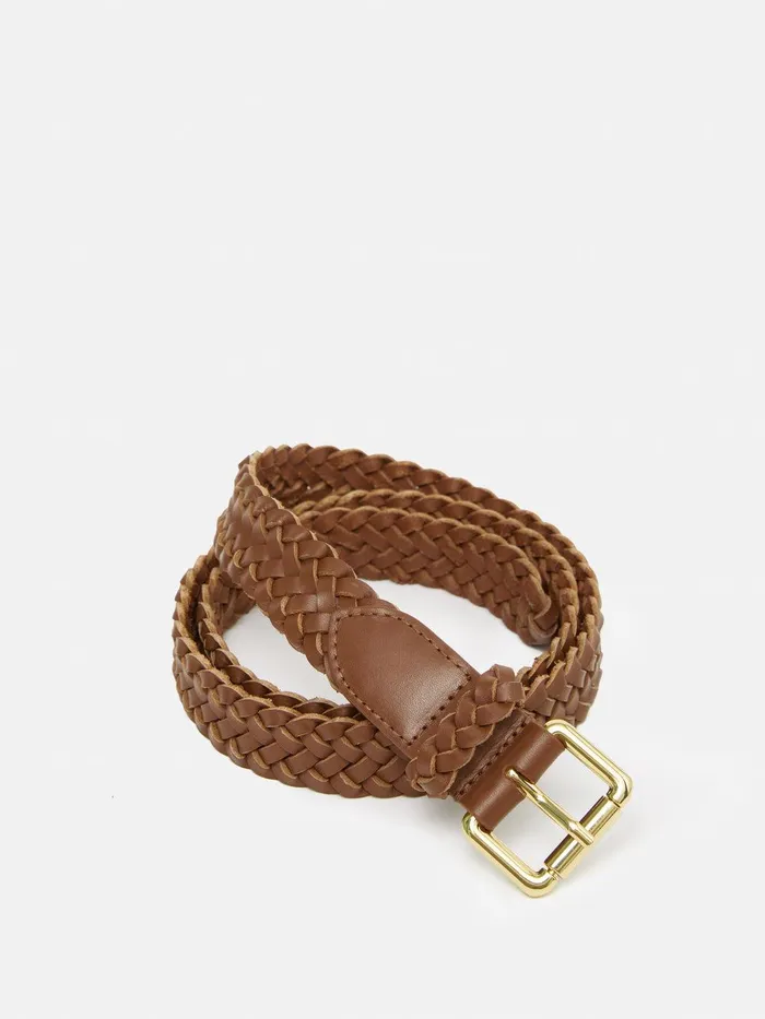 Women Woven Leather Belt Tan Jigsaw Belts
